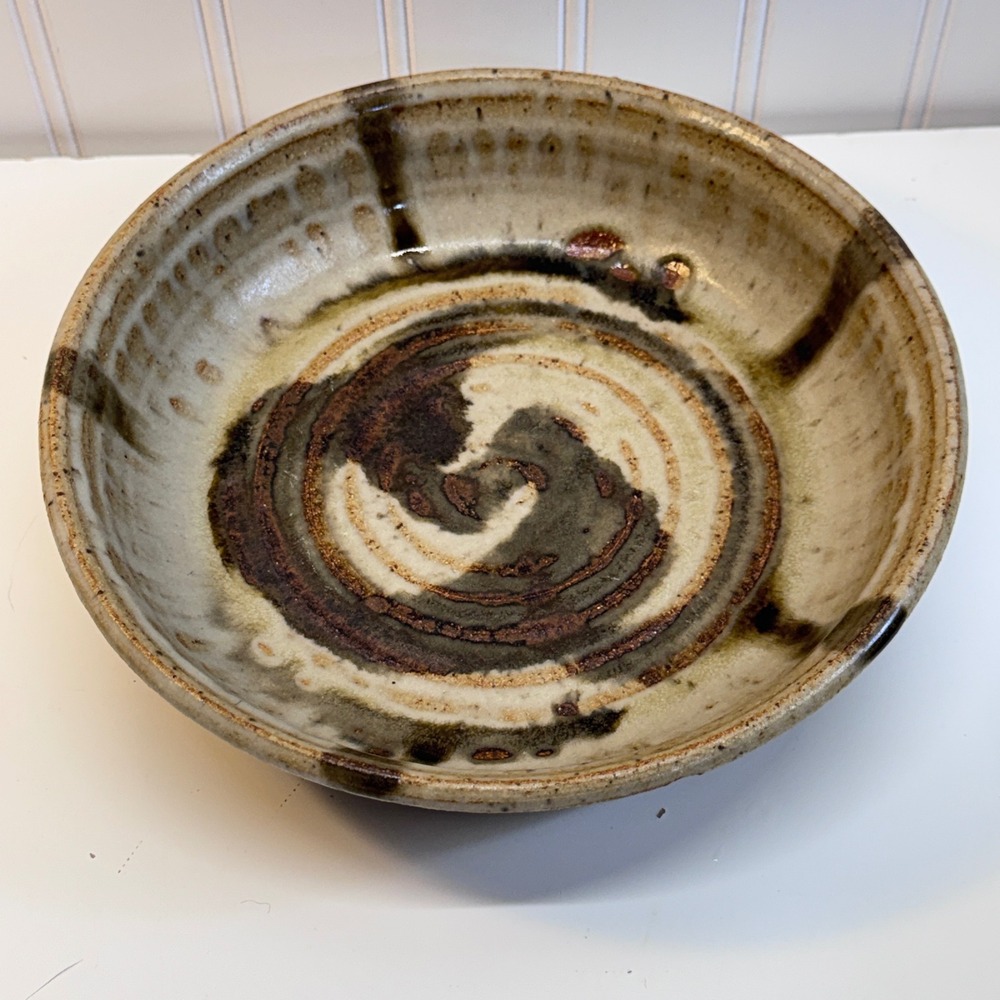 Studio Pottery Signed 88 Bowl Unisex 8.5" Brown Spiral Stoneware Rustic Boho